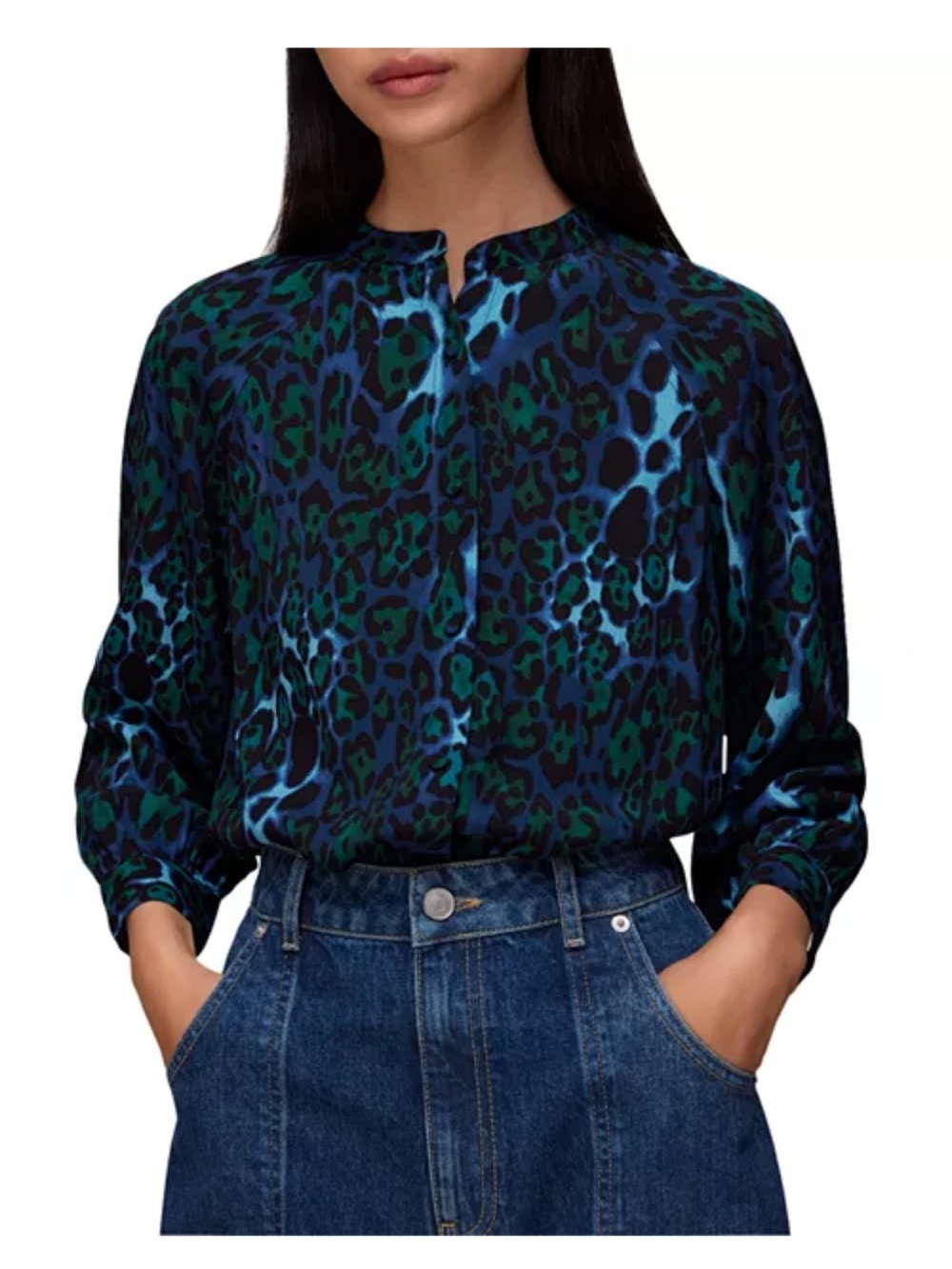 Whistles Blue and Green Animal-Print Silk Blouse